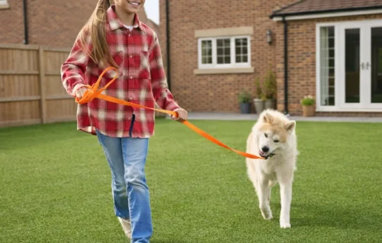 Kid and pet ont he fake grass